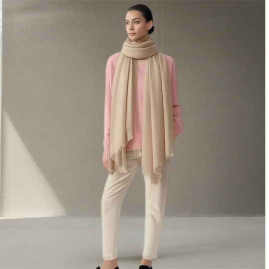 Mist Beige Julian Oversized handwoven pure cashmere scarf