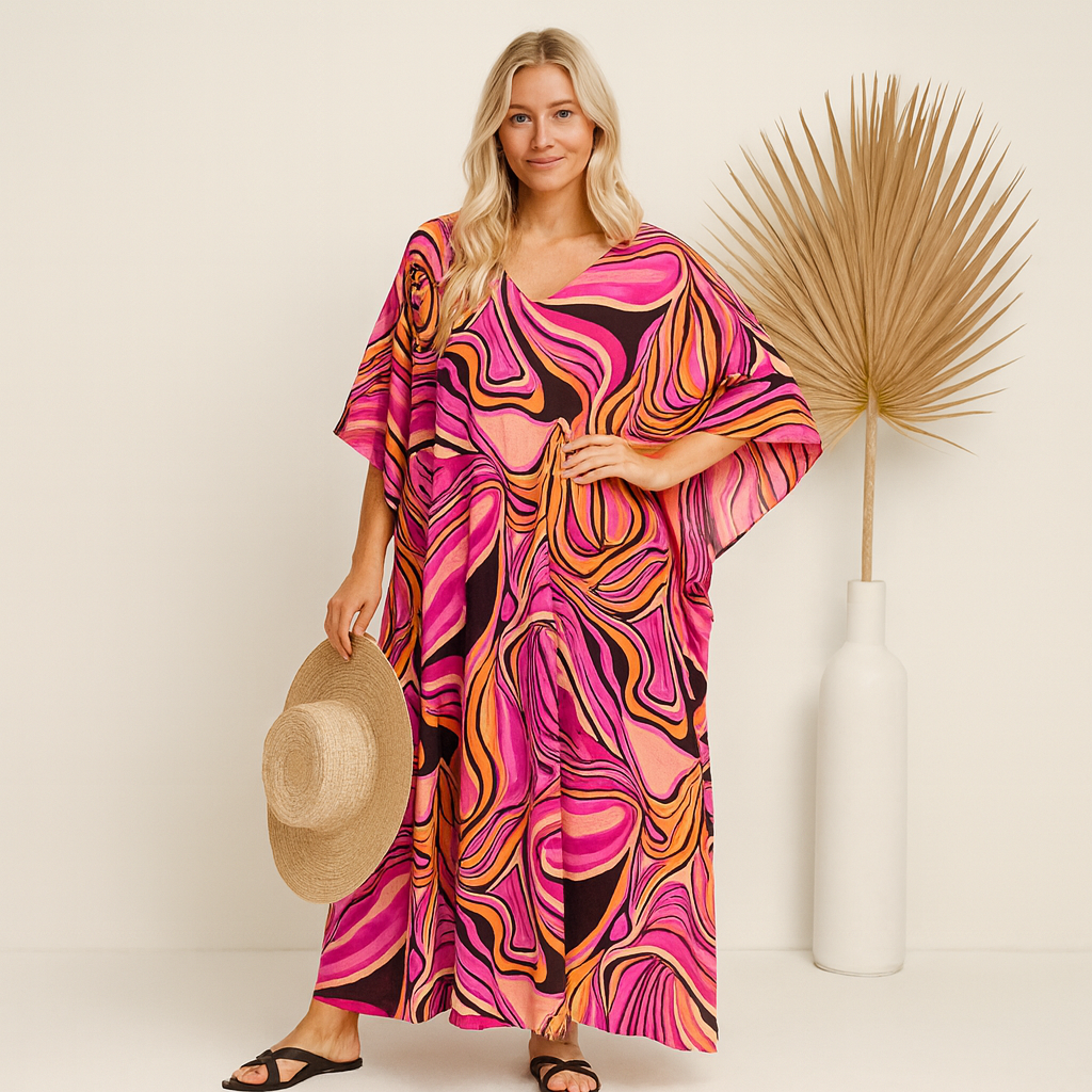 Maya Tropical Pink Rayon  Kaftan Dress O/S AU 12-22