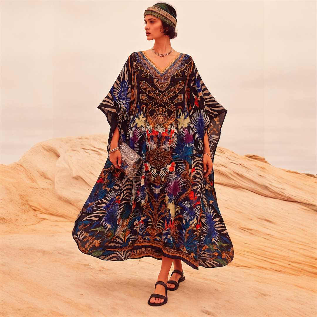 Black Maya Silk Mix Bling Kaftan.         Sizes Available AU 12-32