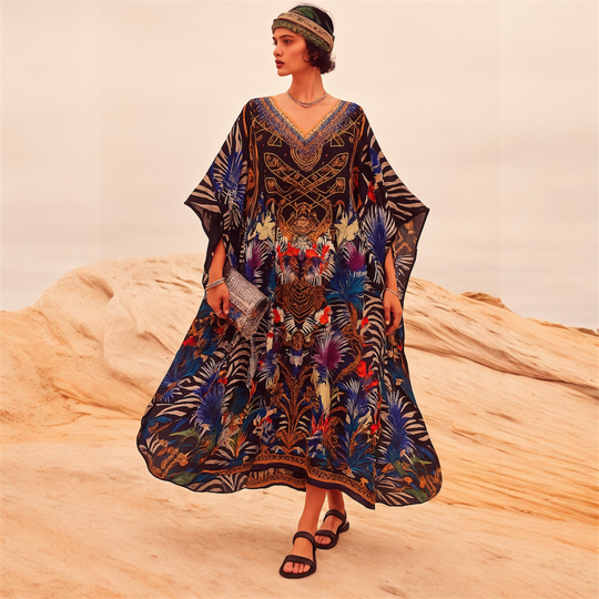 Black Maya Silk Mix Bling Kaftan.         Sizes Available AU 12-32