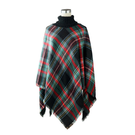 Deia Multi Checks Poncho Shawl with Neckwarmer