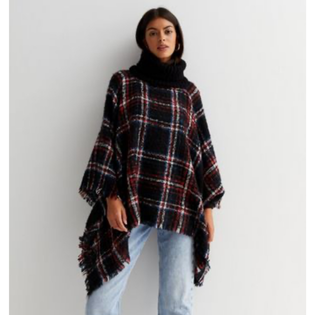 Deia Multi Checks Poncho Shawl with Neckwarmer