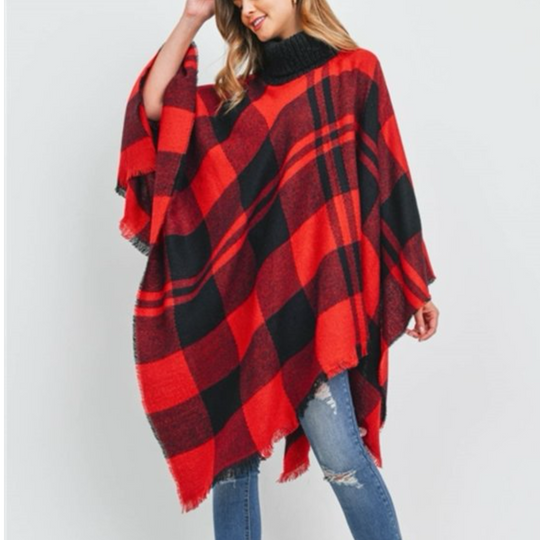 Deia Multi Checks Poncho Shawl with Neckwarmer