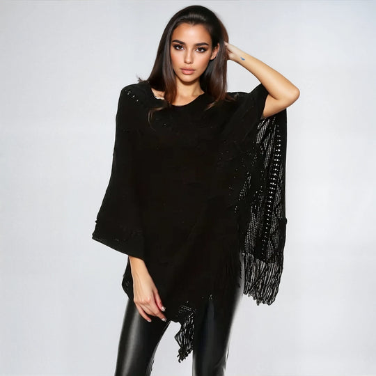 Black Free Size Winter Poncho - Cozy Cold Weather Essential