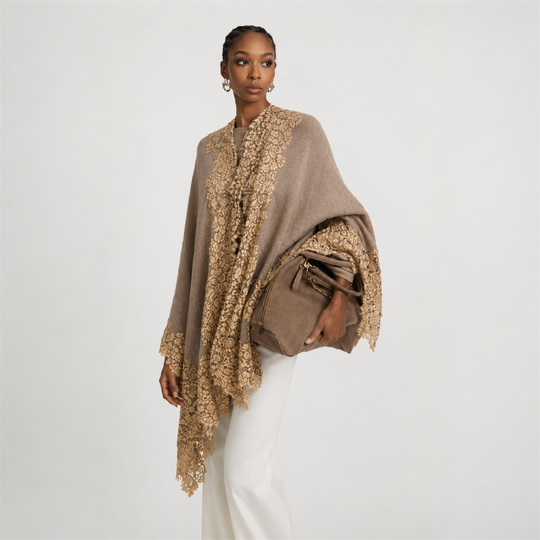 Taupe Brown Julian 100% Cashmere Oversized Knitted Cape with Lace