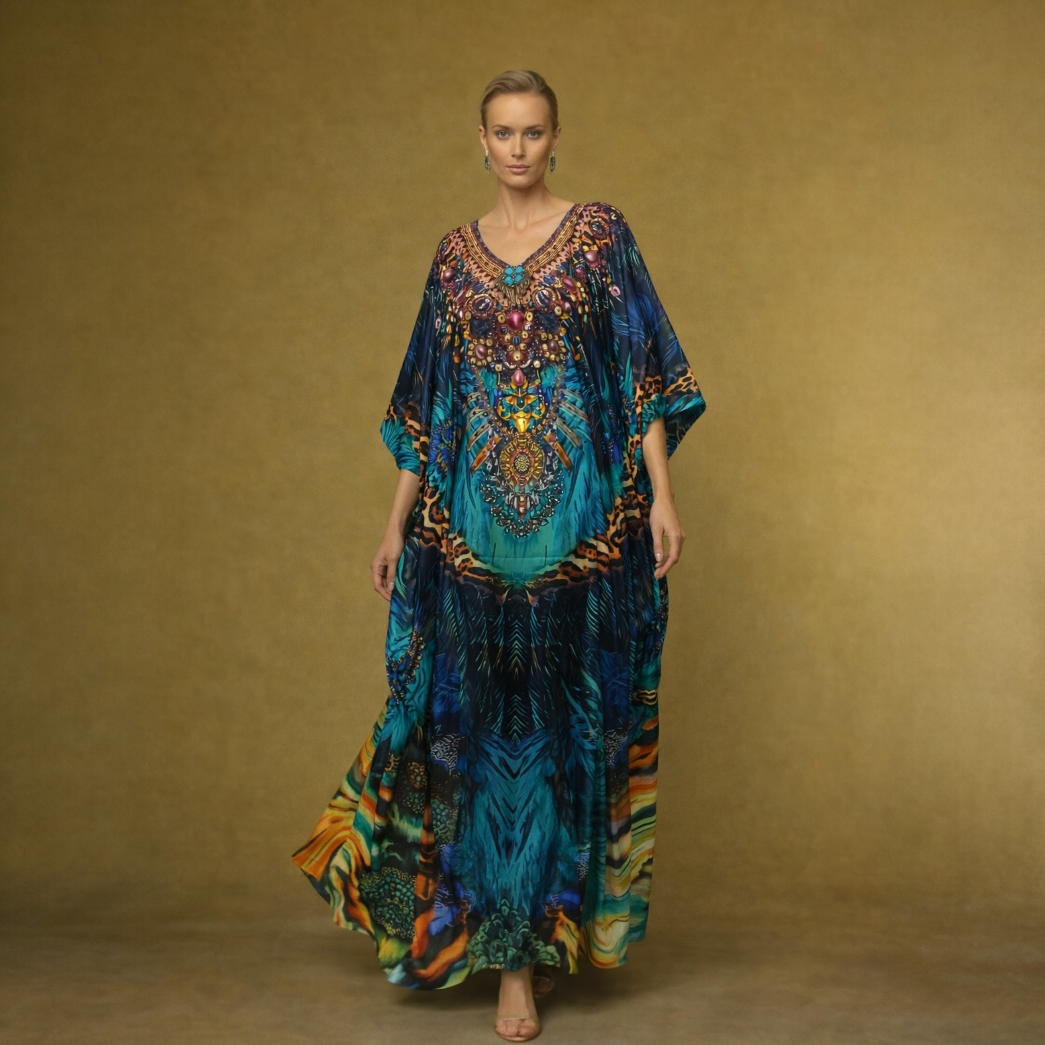 Riviera Bliss Maya Silk mix Bling Kaftan.         Sizes Available AU 12-32