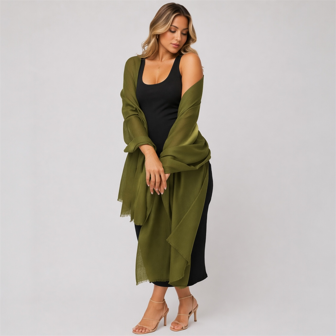 Olive Green Julian 100% Cashmere Ultra fine  oversized scarf/ wrap/ shawl