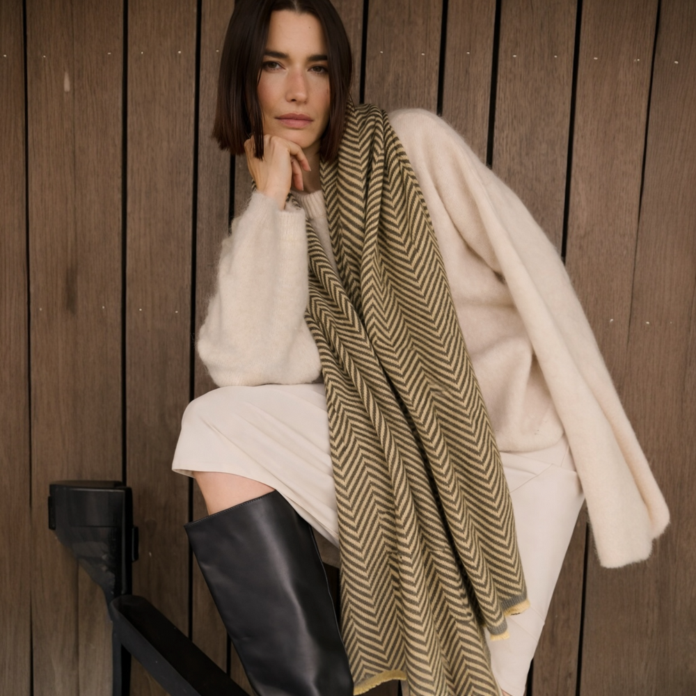 Olive Julian Cashmere Herringbone Unisex Scarf