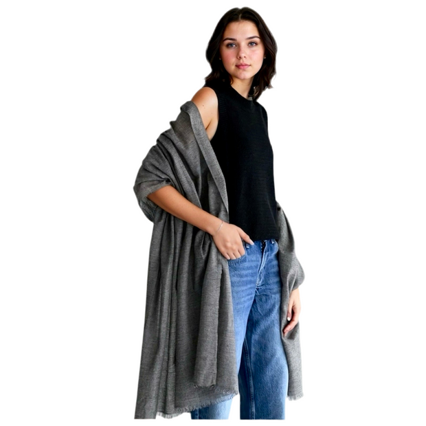 Julian Oversized charcoal grey handwoven pure cashmere scarf/ wrap