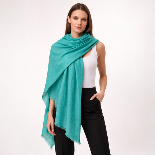 Teal Green Julian handwoven pure Cashmere Travel Wrap