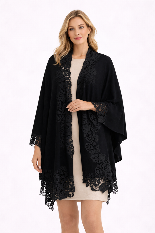Julian Cashmere Knitted Oversized Cape Shawl with Lace -More style available