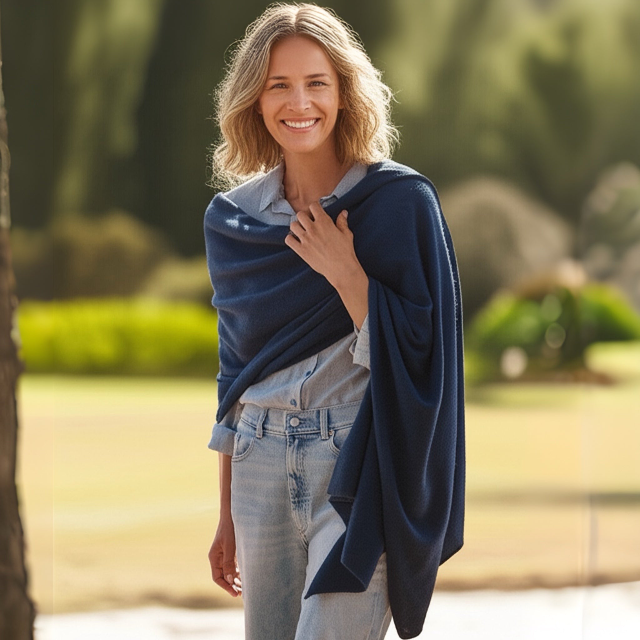 Navy Blue 100% Cashmere 2 ply Large knitted Julian Wrap/ Scarf