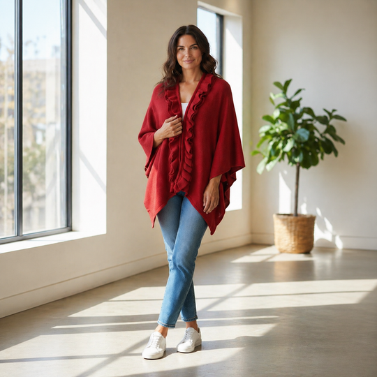Burgundy Free Size Cape with Ruffle Trim