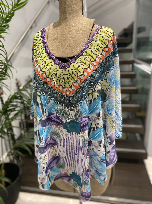 Kyra Relax Fit Bohemian Sheer Embellished  Kaftan Top One Size 10 to 22