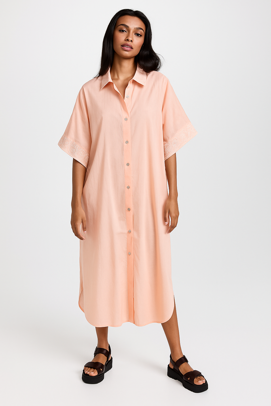 Peach Coco Bella MIDI Embroidered Shirt Kaftan Dress