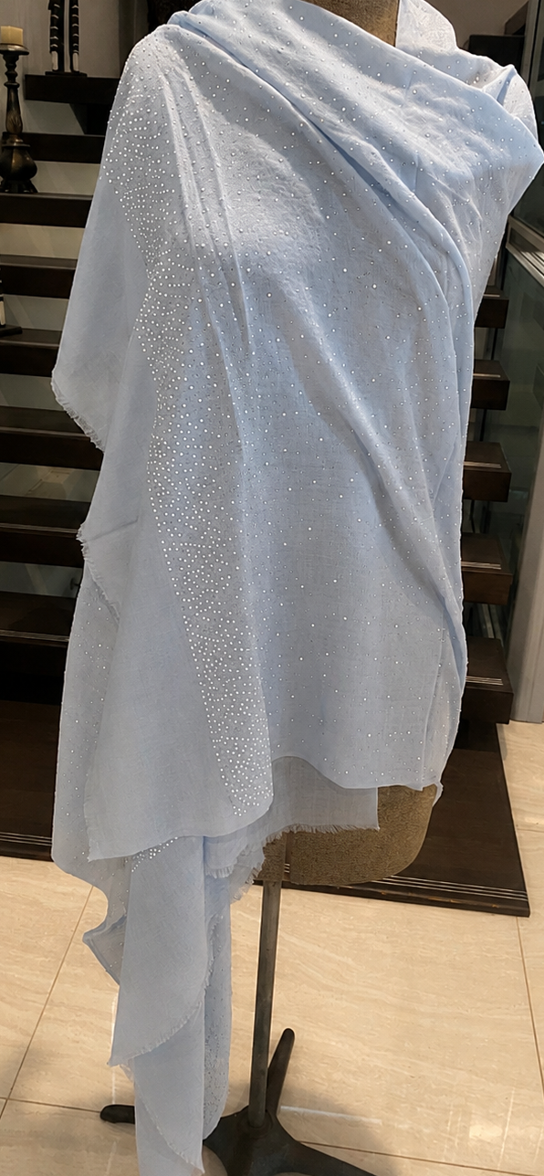 Julian Cashmere Oversized Ultralight Heavily Beaded Wedding Wrap Shawl-Ice Blue