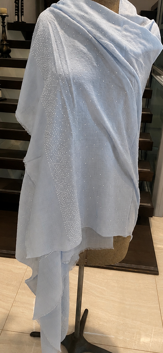 Julian Cashmere Oversized Ultralight Heavily Beaded Wedding Wrap Shawl-Ice Blue