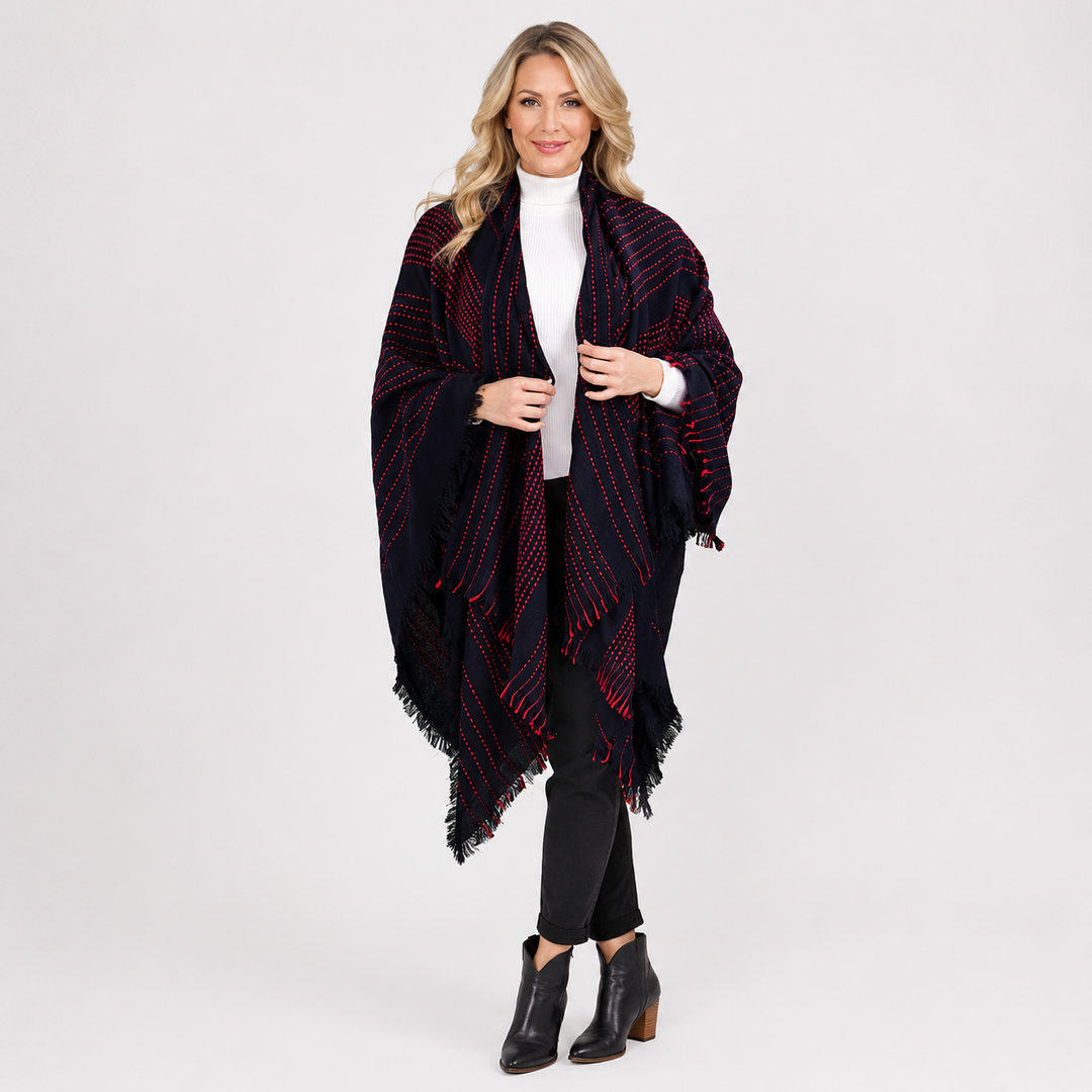 Navy Wrap Shawl – Boho Winter Poncho Shawl