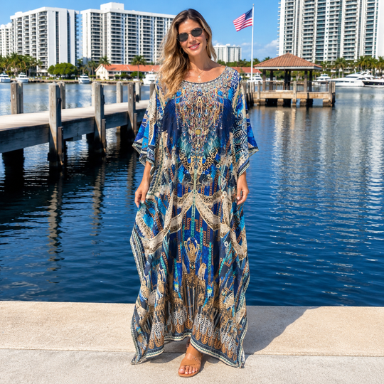 Royale Mikasa Maya Mix Silk Embellished Bling Kaftan.            Sizes Available AU 12-32