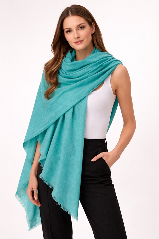 Teal Green Julian handwoven pure Cashmere Travel Wrap