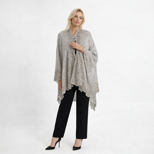 Grey Oversized Julian 100% Cashmere Knitted Cape Shawl with Lace