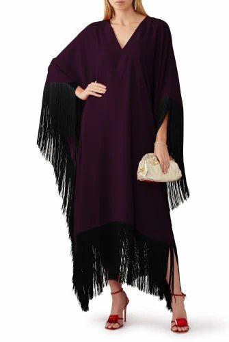 Fringed Formal  MIDI Coco Bella Silk Blend kaftan Maxi- Wine black