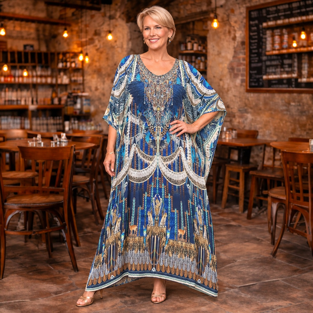 Miraje Maya Mix Silk Embellished Bling Kaftan.            Sizes Available AU 12-32