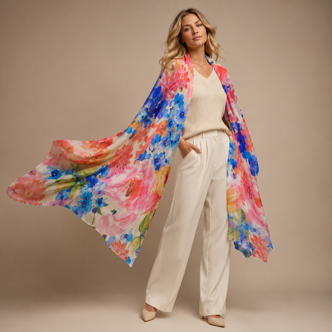 Flores Pink Blue Cashmere  Julian Scarf /Wrap