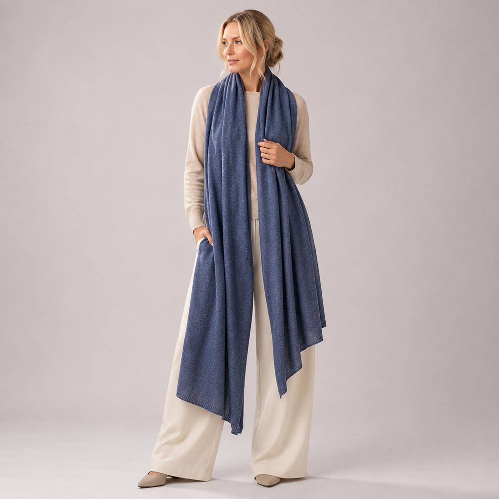 Denim Blue Julian 100% Cashmere Knitted 2 Ply  Extra large Travel Wrap/Shawl