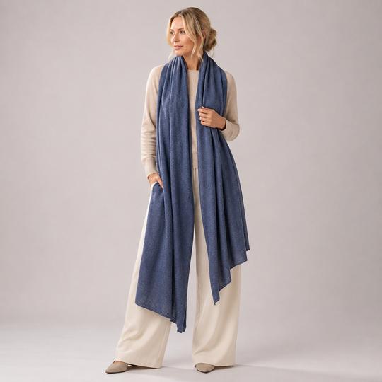 Denim Blue Julian 100% Cashmere Knitted 2 Ply  Extra large Travel Wrap/Shawl