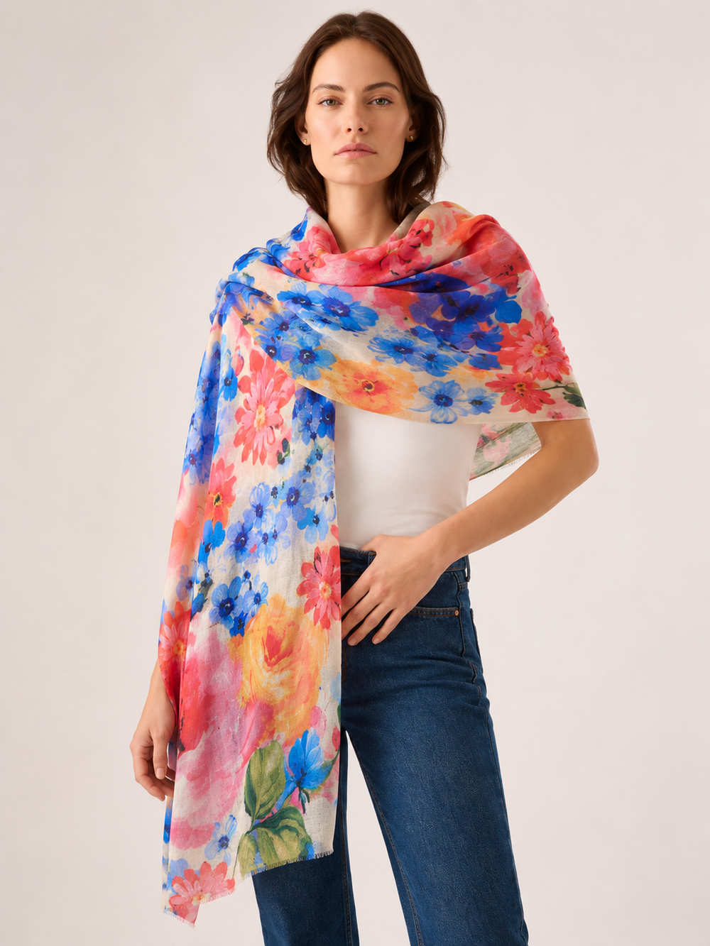 Flores Pink Blue Cashmere  Julian Scarf /Wrap