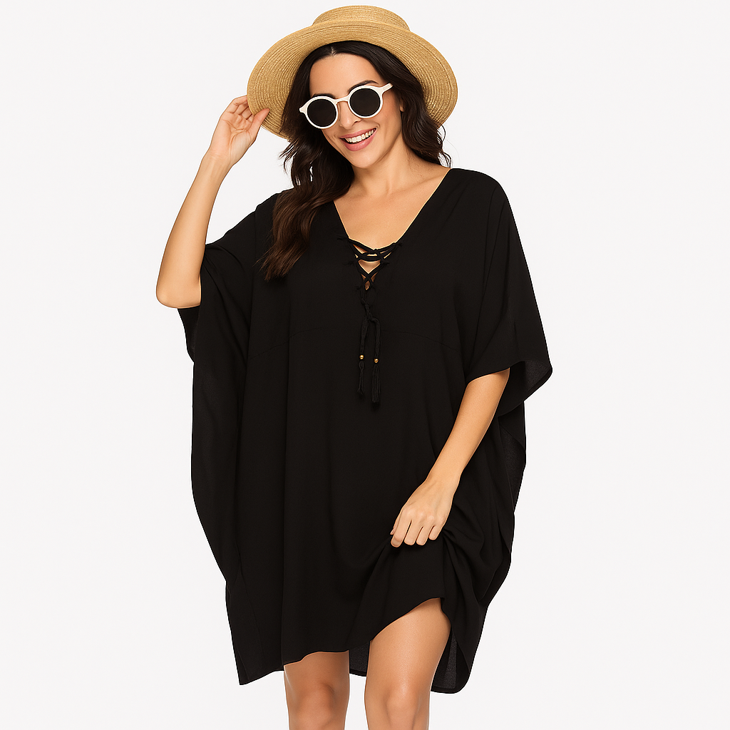 Black Maya Kaftan Top Tunic Front Tie - Sizes Available AU 14-30