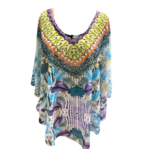 Kyra Relax Fit Bohemian Sheer Embellished  Kaftan Top One Size 10 to 22