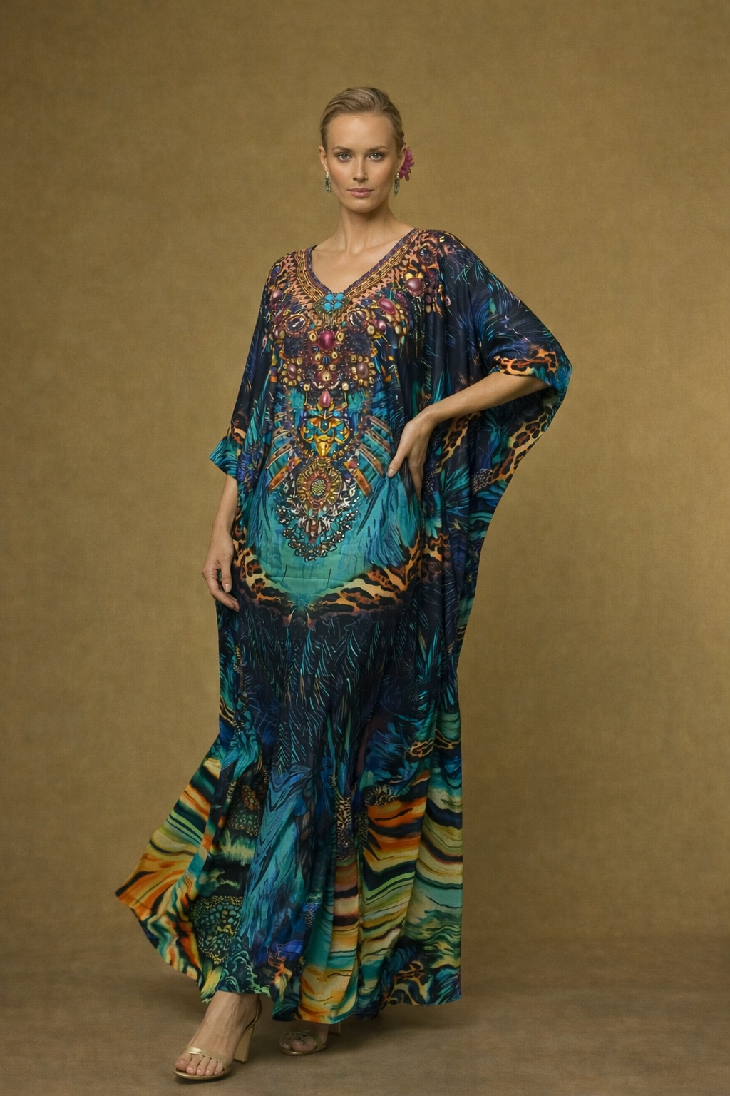 Riviera Bliss Maya Silk mix Bling Kaftan.         Sizes Available AU 12-32