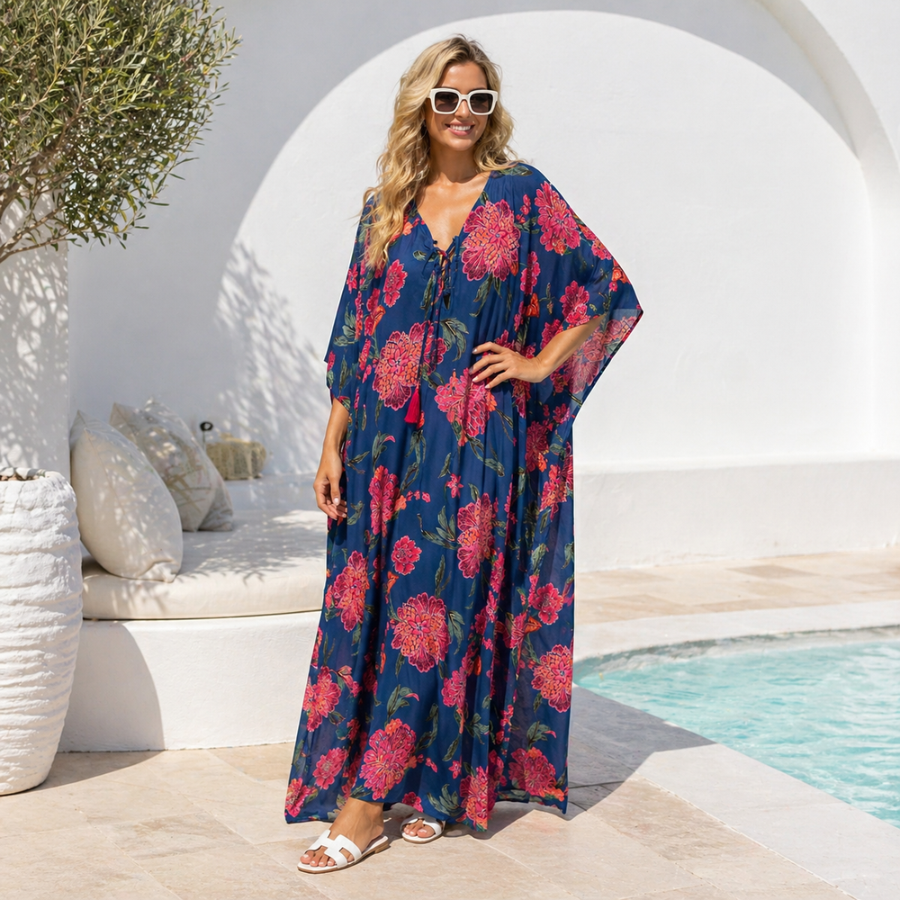 Maya Navy Boho Cotton Rayon kaftan  - Sizes Available AU 16-30