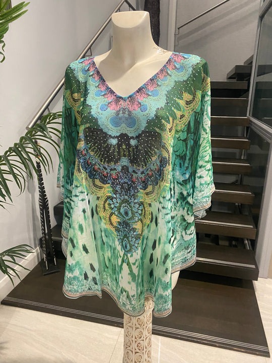 Kyra Relax Fit Bohemian Sheer Embellished  Kaftan Top One Size 10 to 22