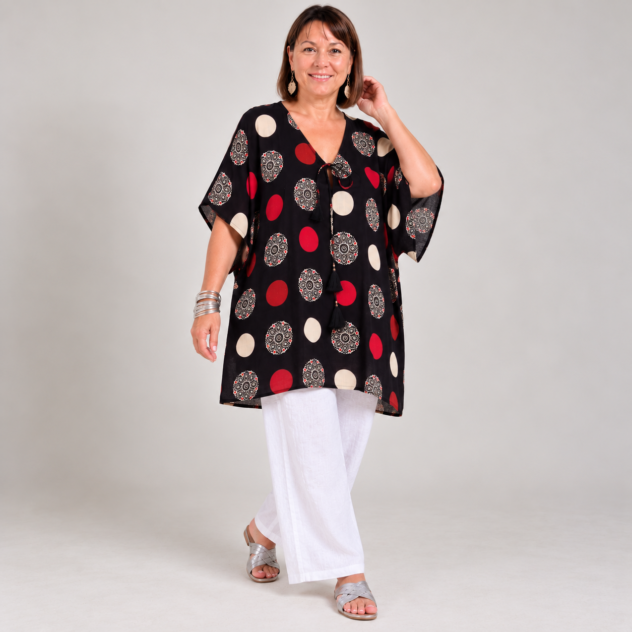 Black 100% Cotton Maya Top Tunic Kaftan With Front Tie - O/S 14-24
