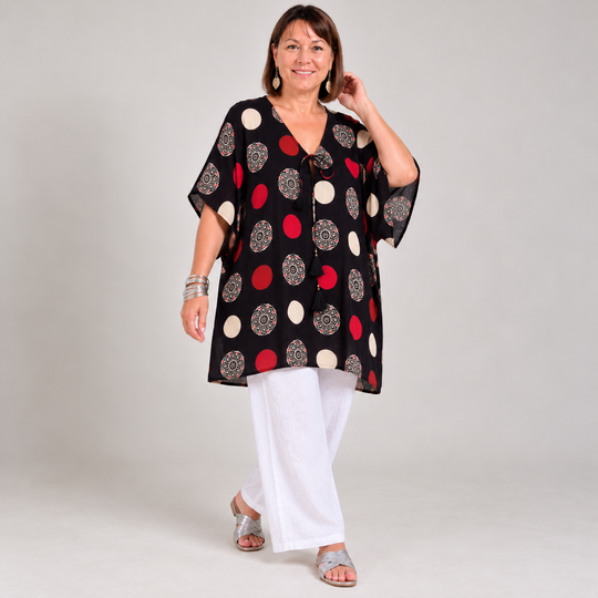 Black 100% Cotton Maya Top Tunic Kaftan With Front Tie - O/S 14-24