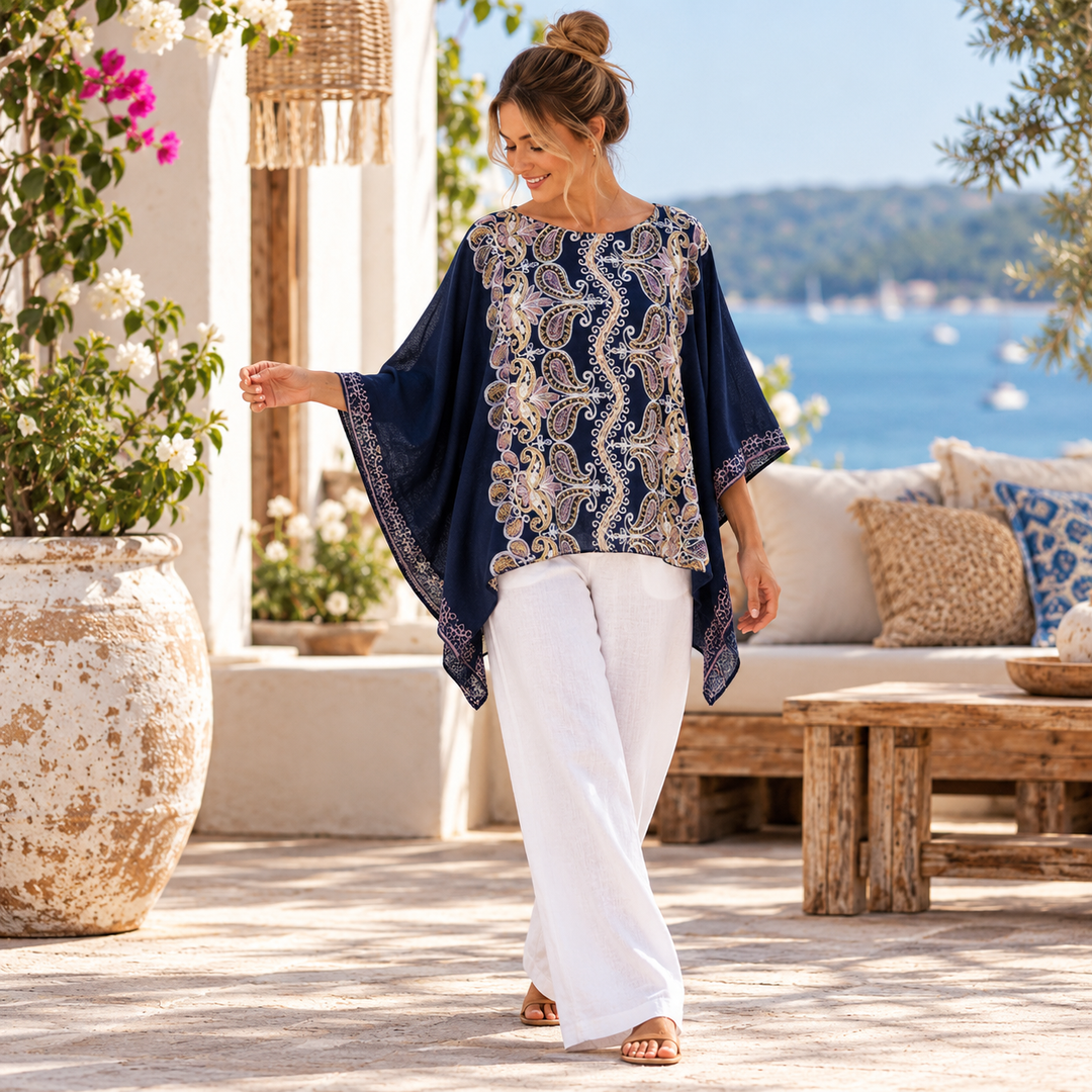 Navy Blue Embroidered Maya Top Tunic Kaftan O/S 14-22
