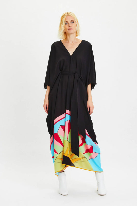 Black V-Neck With Belt Kaftan Dress  One Size AU 14-22