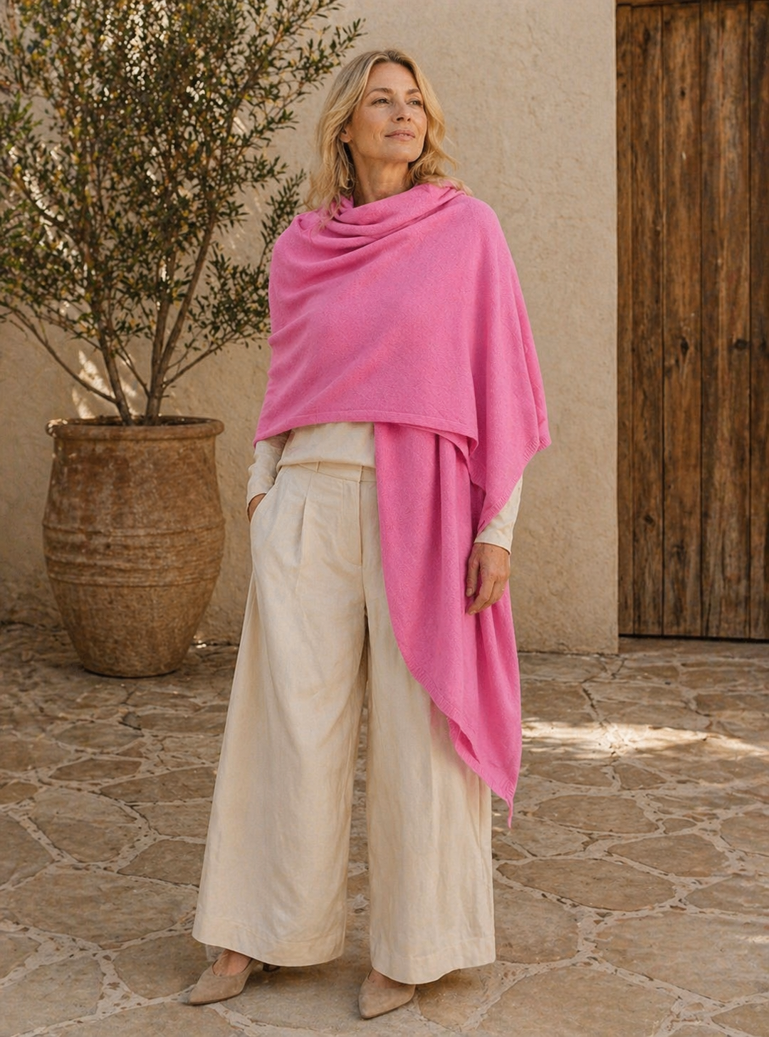 Julian 100% Cashmere Knitted 2 Ply  Extra large Travel Wrap/Shawl-Dark Pink