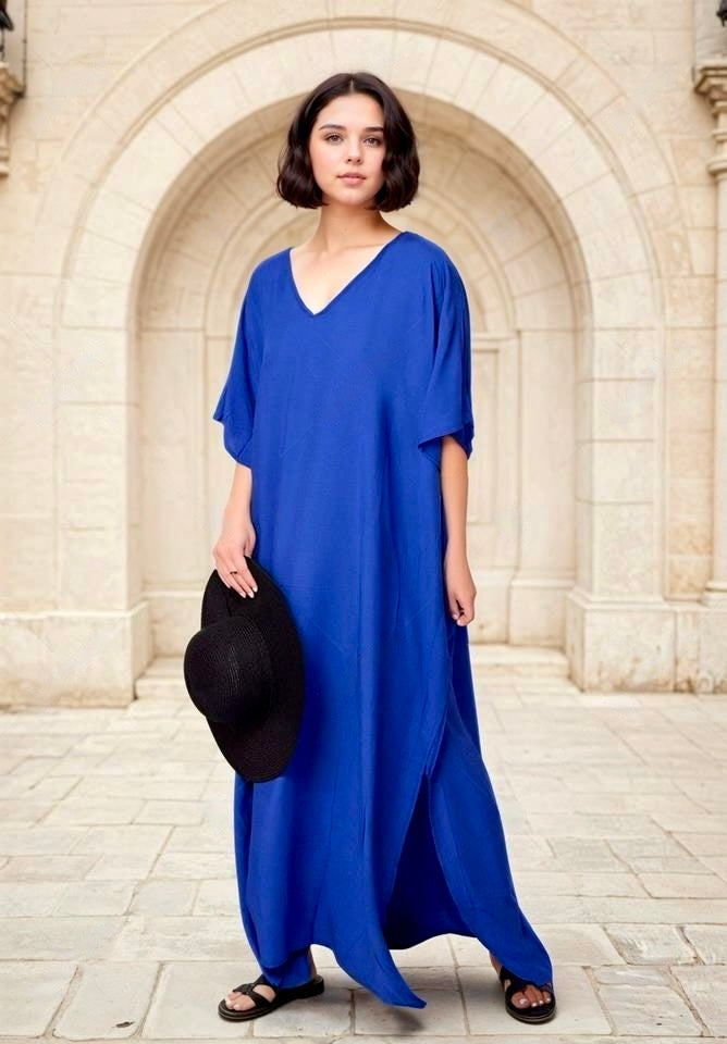 MAYA Blue Long Cotton Rayon Kaftan Dress