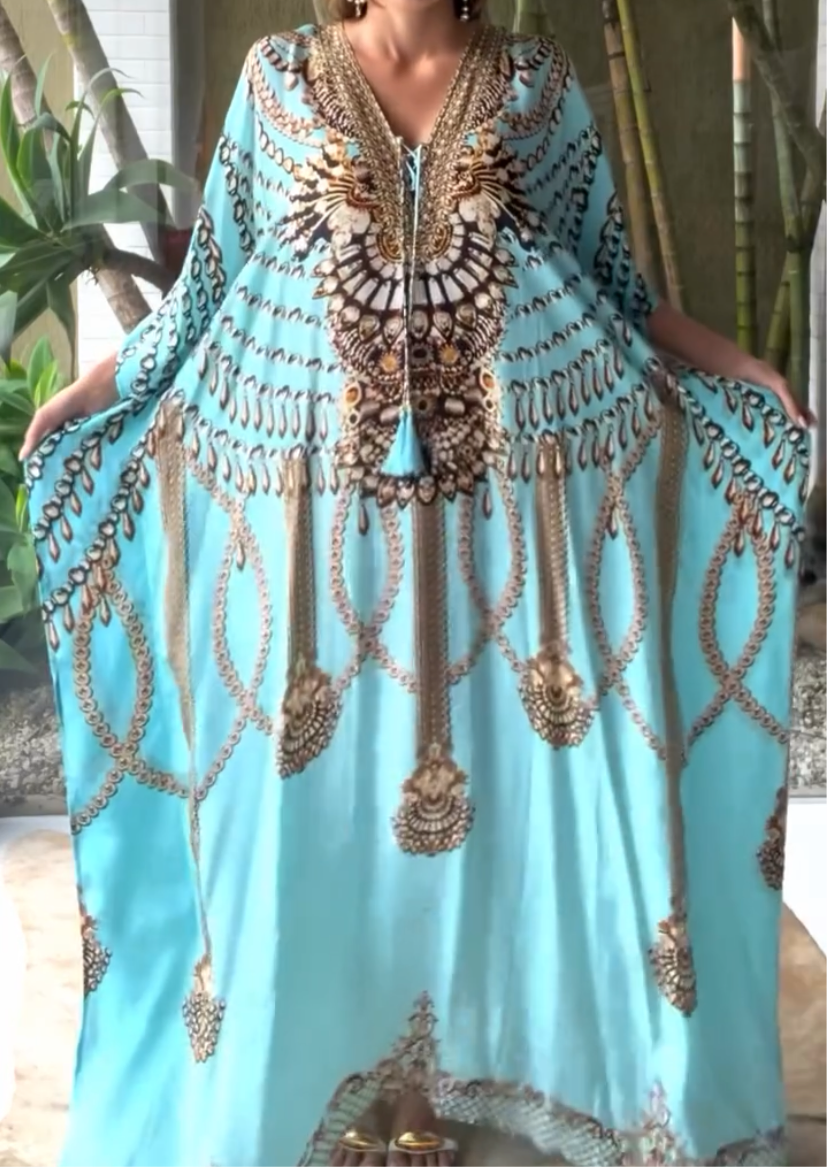Blue Jeweled Silk Luxurious Coco Bella kaftan 12-20