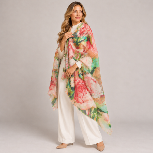 Mklane Cashmere Ultra fine Julian Wearable Art Scarf -Peony Spring