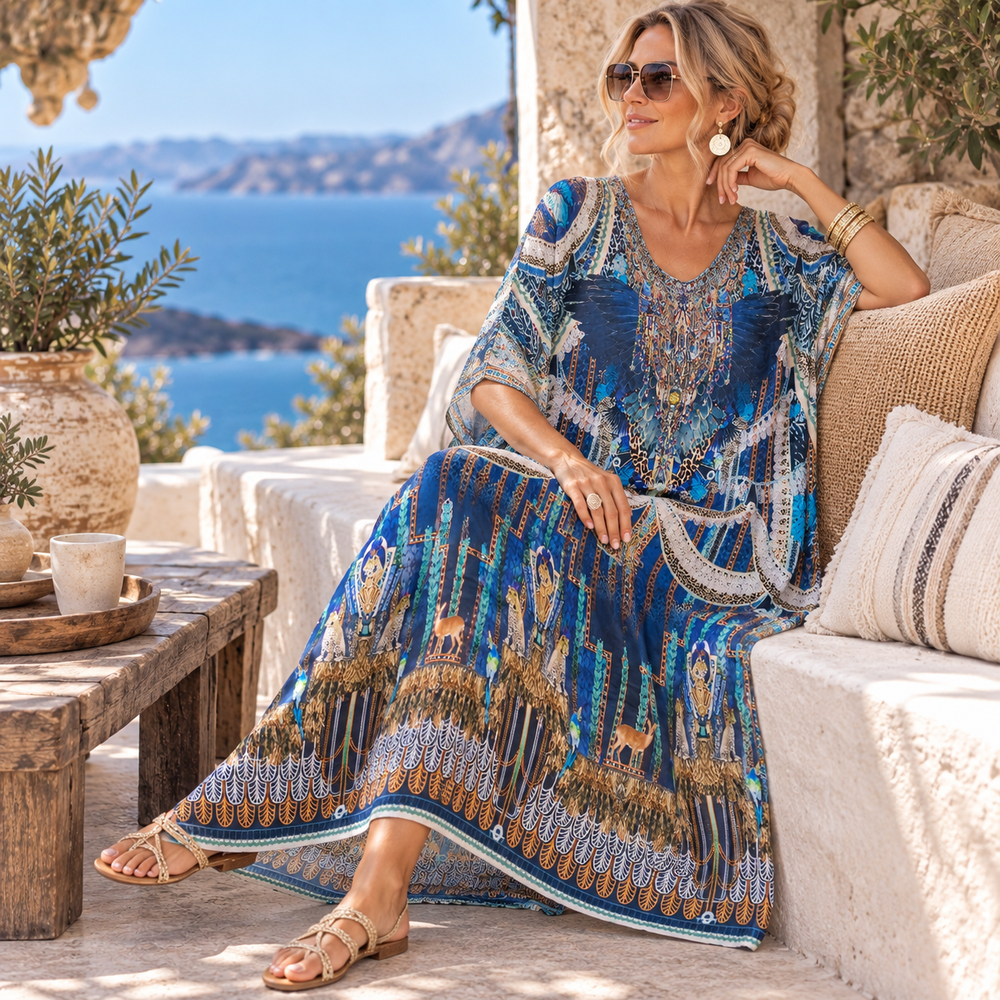 Miraje Maya Mix Silk Embellished Bling Kaftan.            Sizes Available AU 12-32