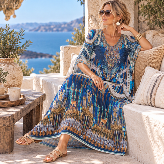 Miraje Maya Mix Silk Embellished Bling Kaftan.            Sizes Available AU 12-32