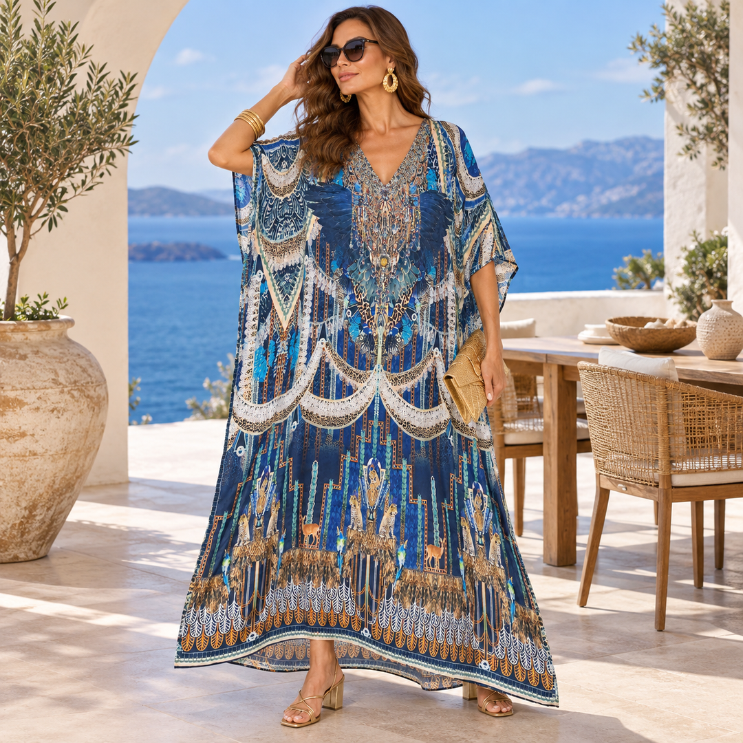 Miraje Maya Mix Silk Embellished Bling Kaftan.            Sizes Available AU 12-32