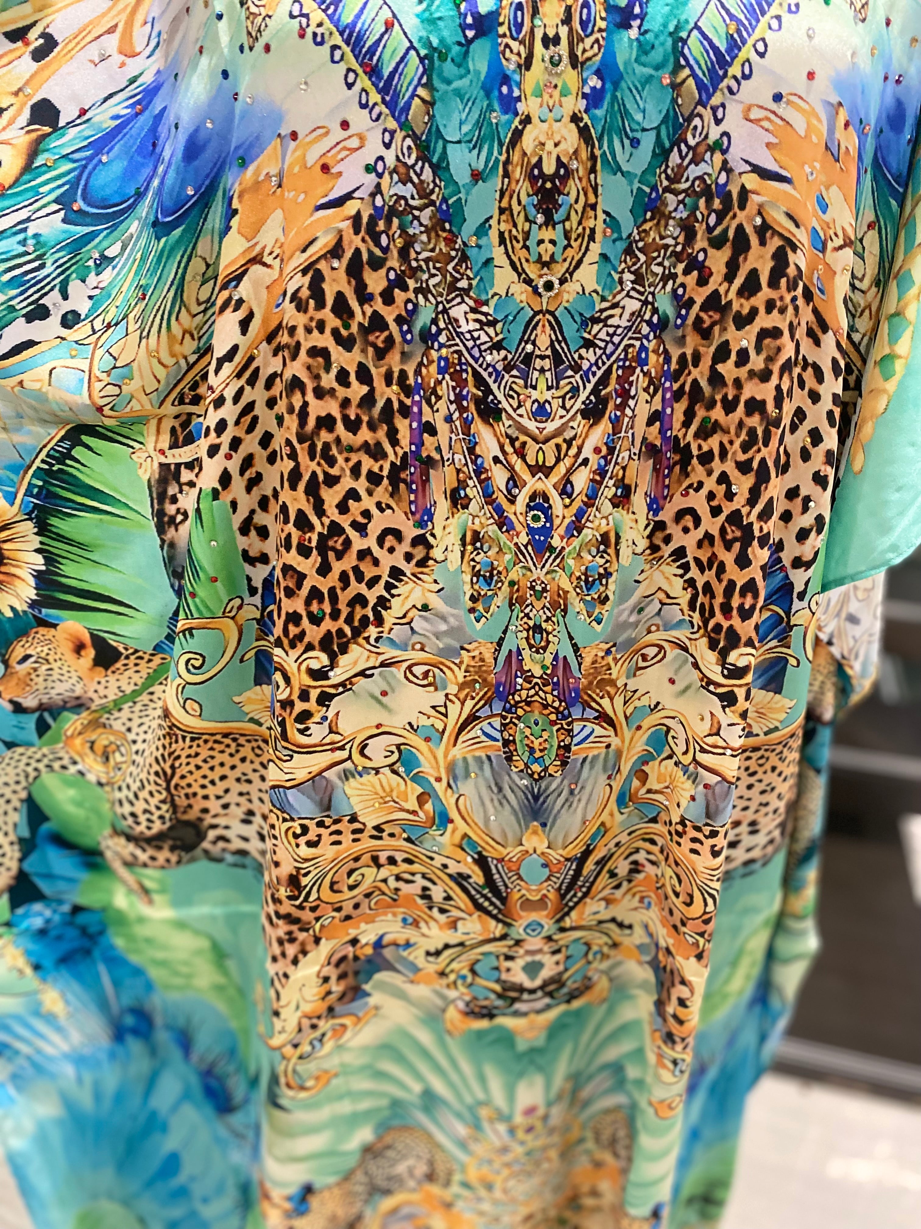 Aqua Miraza Maya Mix Silk Embellished Bling Kaftan.            Sizes Available AU 12-32