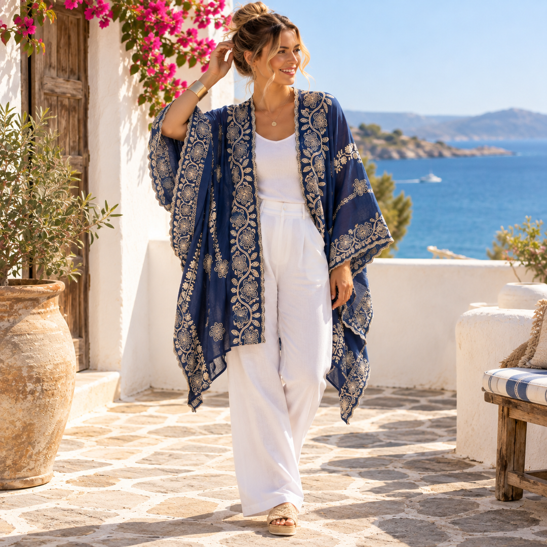 Navy Blue Embroidered Maya Coverup Kimono O/S 14-22