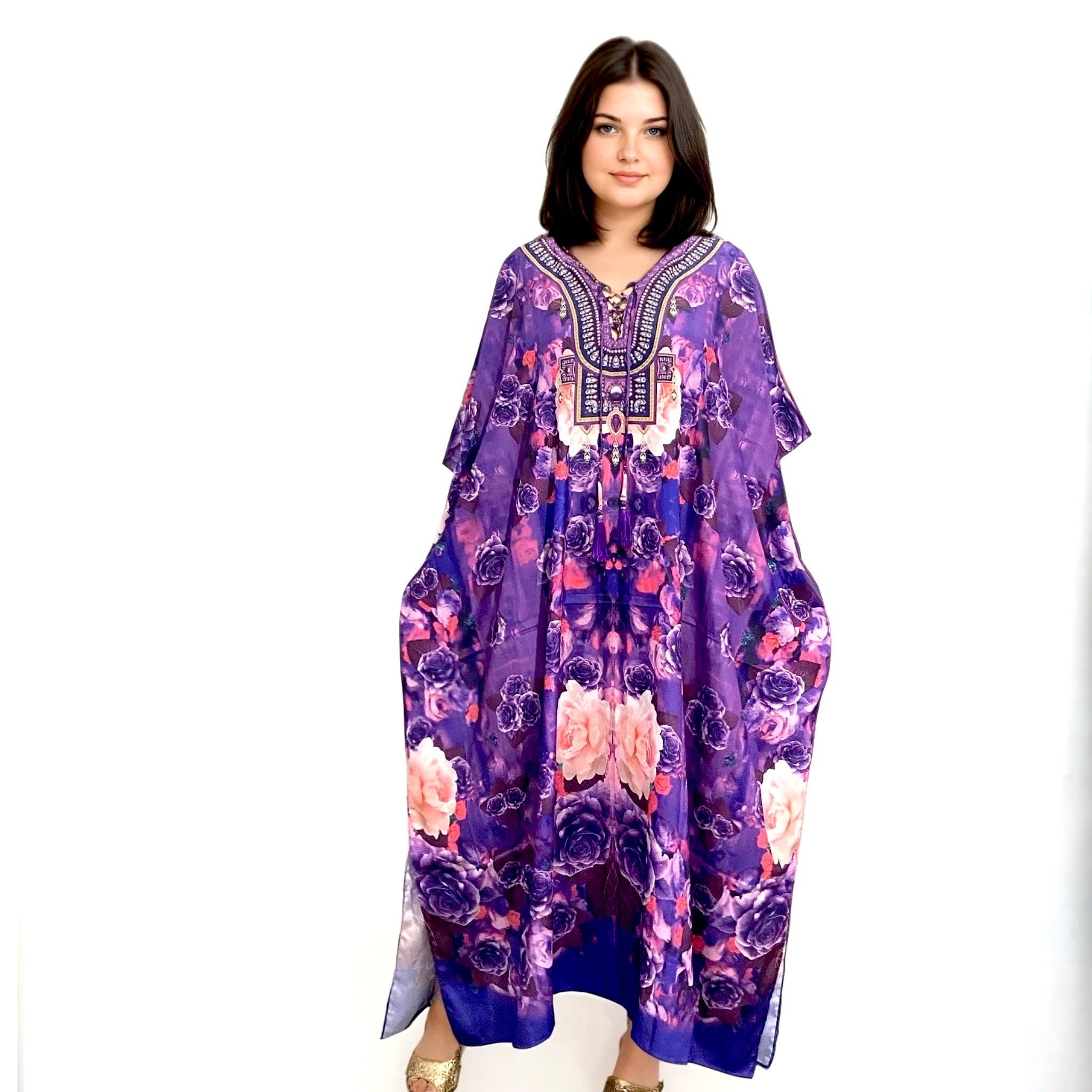 Purple Bloom Maya Kaftan with Front Tie Sizes Available AU 14-32